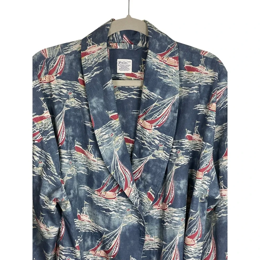 Polo Ralph Lauren‎ 90s Y2K Mens Robe Blue Boat Yacht Print Cotton S/M Nautical